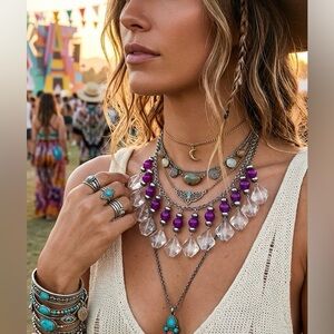 Women’s Purple and Silver Beaded Statement Necklace